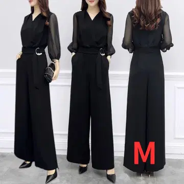 시스루 소매 블랙 팬츠 수트 파티 드레스 M