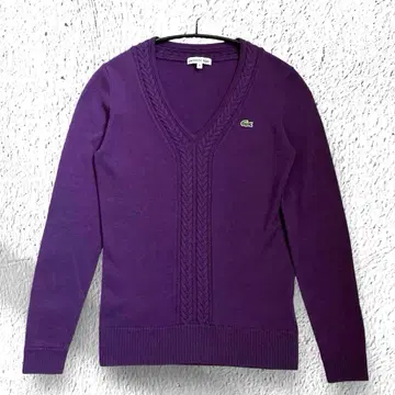 LACOSTE V넥 니트 케이블 짜임 L 퍼플