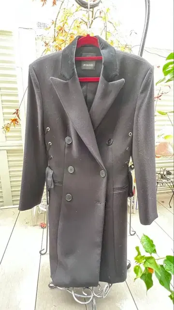 PINKO 블랙 더블 브레스트 롱 코트