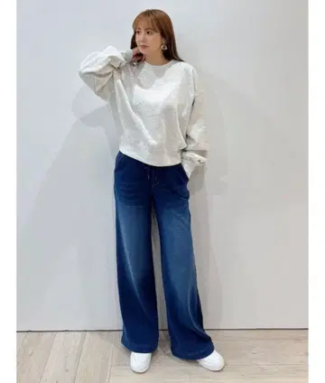 모코아즈 빈티지 블루 S 따뜻한 속기모 스트레치 슬림 레그 와이드 팬츠