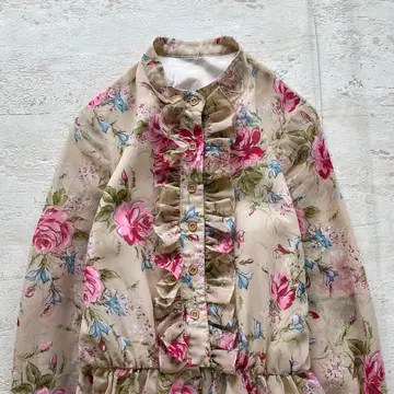 쇼와 레트로 꽃무늬 긴팔 롱 원피스 프릴 포함 스탠드 카라 베이지