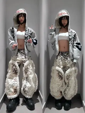 익일 배송! Revesture 레오파드 무늬 퍼 와이드 더블니 팬츠