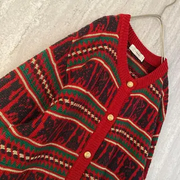 빈티지 가디건 울 블렌드 고양이 보더 레트로 레드