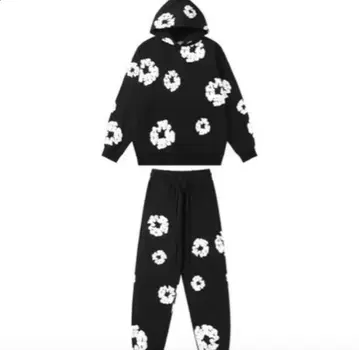 블랙 꽃무늬 후드 부착 셋업