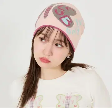 핑크 나비 디자인 니트 모자