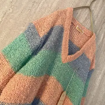 빈티지 니트 컬러풀 보더 레트로 레인보우 컬러 핑크 스카이블루 연보라