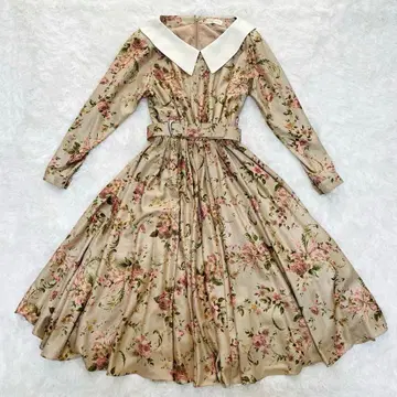 Merrie Facette 빅 옷깃 꽃무늬 원피스 레트로 클래시컬 긴팔