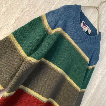 빈티지 니트 굵은 보더 컬러풀 걸리시 톤 다운 그린 블루 보르도