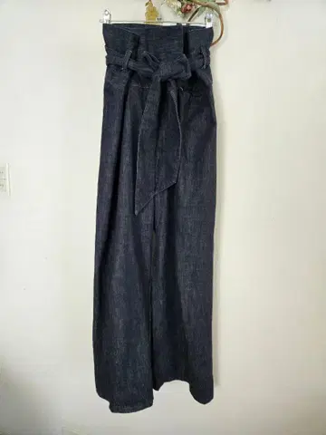 다크 데님 와이드 팬츠 허리 리본