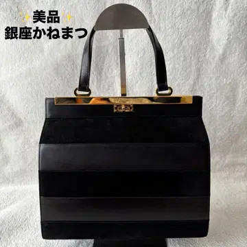 새상품급 긴자 카네마츠 핸드백 블랙 스웨이드 가죽 골드