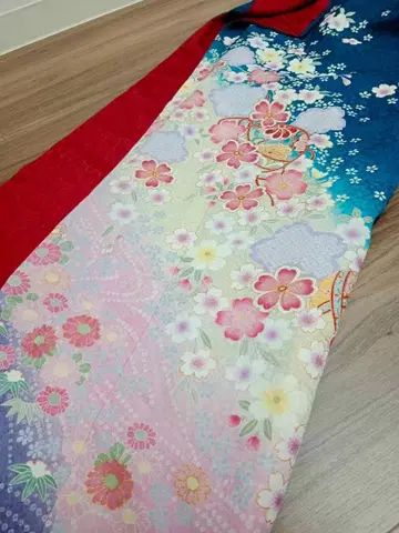 미사용 순수 실크 후리소데 짙은 청록색 성인식 졸업식에