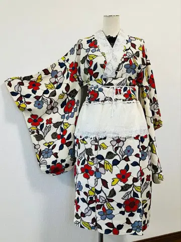 기모노 리메이크 순수 실크 화이트 세퍼레이트 프리 사이즈 핸드메이드