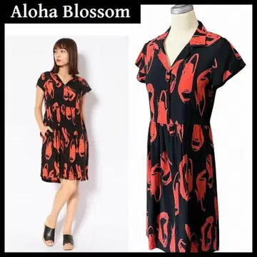 새상품급 아로하 블라썸 힐 올 패턴 하와이안 아로하 원피스 블랙 레드 1