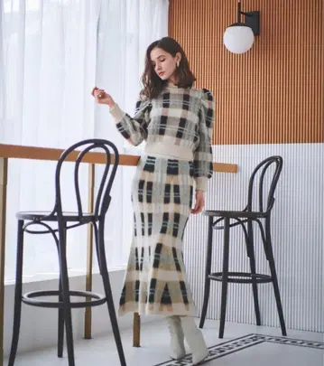 모헤어 체크 니트 셋업