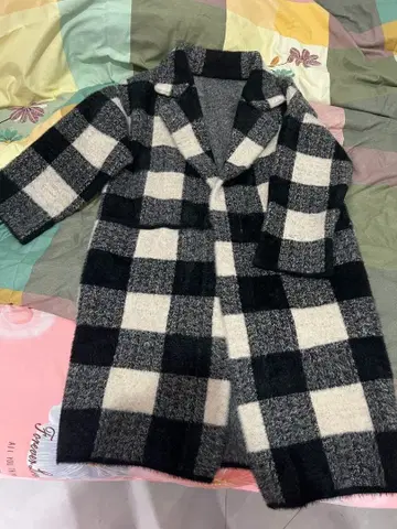 혼방 체크 무늬 롱 코트