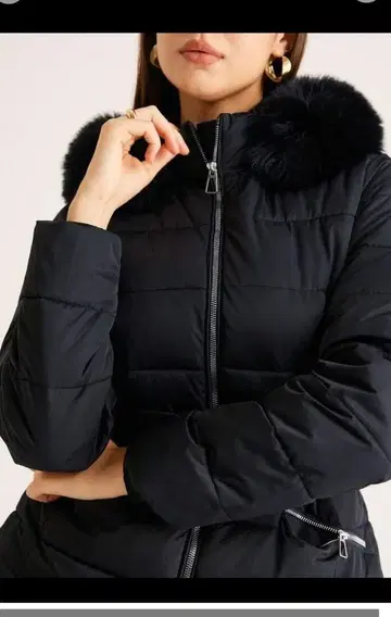 퍼 후드 다운 자켓 허리 벨트 다운 코트 블랙