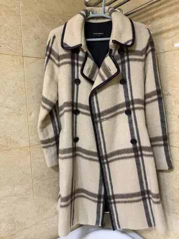 혼합 베이지와 그레이 체크 롱 코트