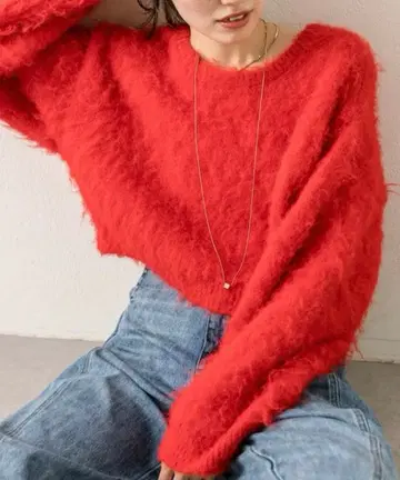 컨디션 최상 미스틱 울 샤기 숏 니트 빨간색 프리 크루넥