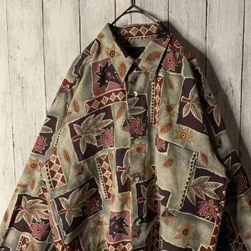 일본제 폴리 셔츠 리프 올 패턴 멀티 컬러 개성적인 레트로 테로감