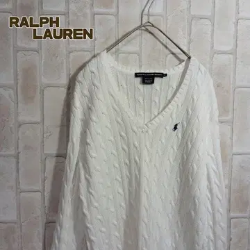 랄프 로렌 스포츠 니트 스웨터 화이트 케이블 V넥