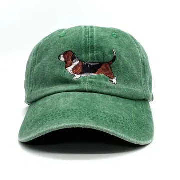 새상품 오리지널 자수 베이스볼 캡 바셋 하운드 개 동물 그린