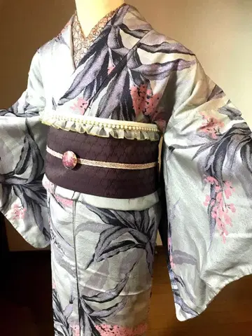 앤티크 기모노 순수 실크 그레이 퍼플 라메 히아신스 미사용