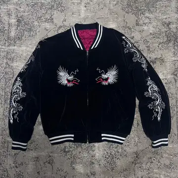 90's 벨벳 스카잔 용 소매 자수 블랙 벨로아