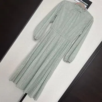 Discord 그린 도트 무늬 롱 원피스 플리츠 긴팔 블라우스