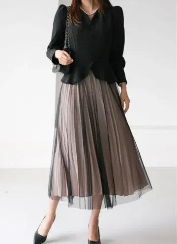 하트넥 퍼프 도킹 튤 플리츠 원피스