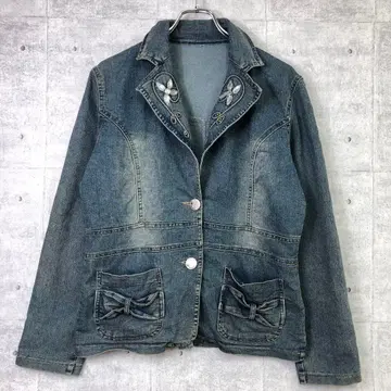 00s 보헤미안 구제 의류 유즈드 가공 비쥬 플라워 자수 데님 자켓