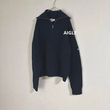 새상품급 AIGLE 울 혼방 하이넥 하프 지퍼 니트 스웨터 네이비