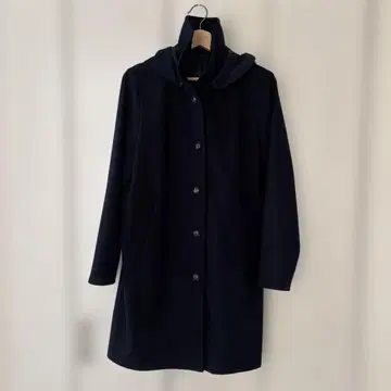 네이비 후드 부착 롱 코트