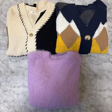 여성용 니트 가디건 배색 가디건