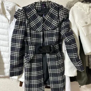 체크 무늬 허리 리본 롱 코트 L