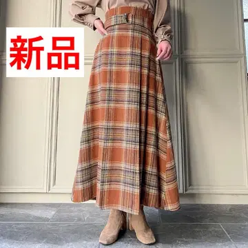 [새상품] [JUNOAH] 기모 체크 벨트 플레어 스커트 브라운 M