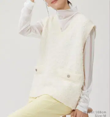 PLST 니트 트위드 V넥 베스트 화이트 M 사이즈