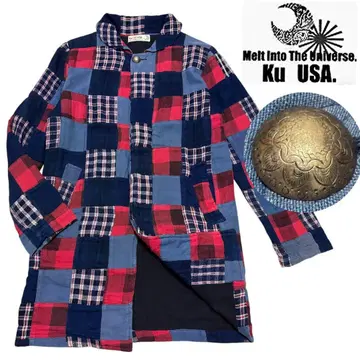 00s Y2K  ku usa 패치워크 인디고 코트 라운드 칼라