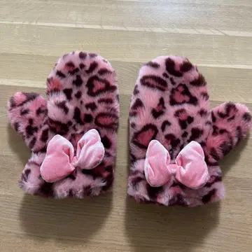 디즈니 레오파드 무늬 미튼 장갑 리본 핑크