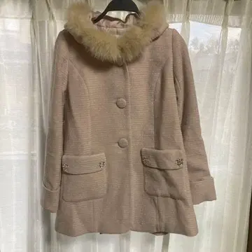 퍼 후드 얇은 핑크 울 코트