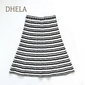 데라 플레어 스커트 보더 무늬 올 패턴 XS 무릎 기장 신축성 있음