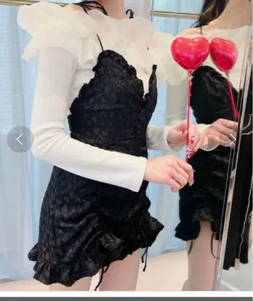 lilLilly 하트 자카드 올인원 블랙 프릴 하트 무늬 미니
