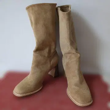 베이지 스웨이드 롱 부츠 힐 7cm