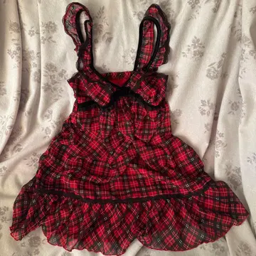 투라라 리즈리사 빨검 체크 무늬 점프 스커트 원피스 리본 프릴