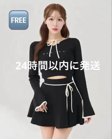 허리 오픈 리본 디자인 니트 미니 원피스 블랙 프리 사이즈