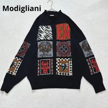 Modigliani 니트 이탈리아제 남성용 L 자수풍 자카드 올 패턴