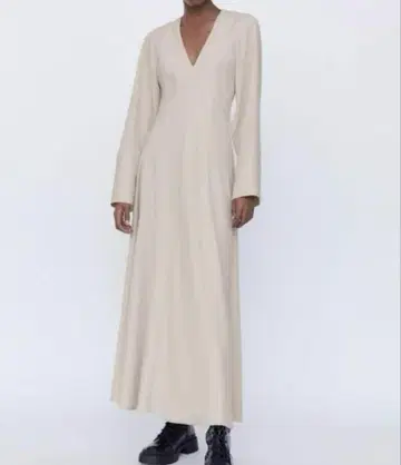 ZARA V넥 맥시 원피스 ( S ) 아이보리 긴팔 플레어