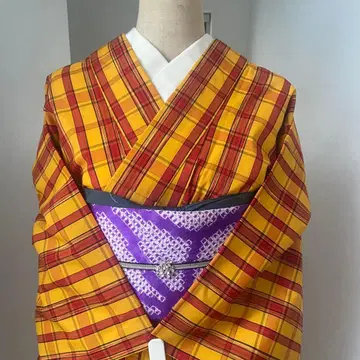 기모노 코몬 KIMONO 옐로우 계열 체크 레트로