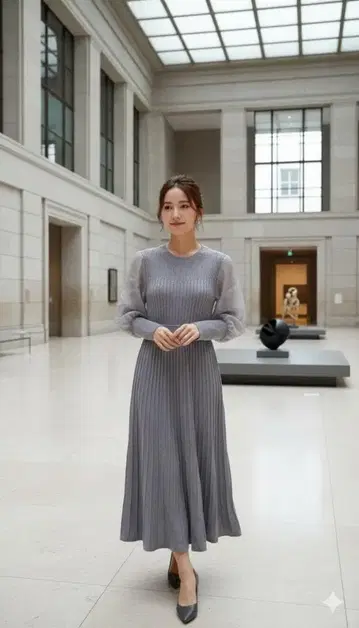 니트 원피스 긴팔 그레이 플리츠