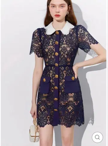 Nframe 플라워 자수 레이스 미니 드레스 네이비