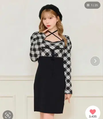 apres jour 크로스 리본 니트 미니 원피스 블랙 체크